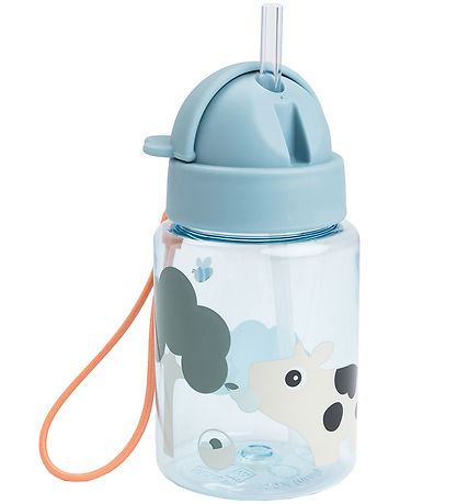 Done by Deer Water Bottle w. Straws - Tiny Farm - 280ml - Blue