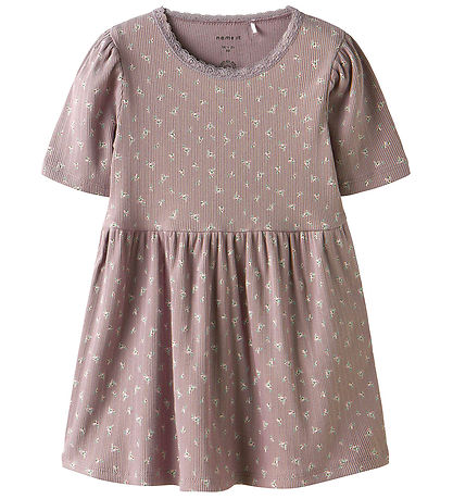 Name It Kjóll - Rib - NmfHoise - Purple Dove M. Blóm Name It Kjóll - Rib - NmfHoise - Purple Dove M. Blóm