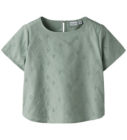 Name It Shirt s/s - NkfVioleta - Aqua Gray w. Embroidery Anglais