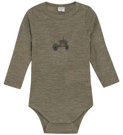 CeLaVi Bodysuit l/s - Wool - Dusky Green w. Tractor CeLaVi Bodysuit l/s - Wool - Dusky Green w. Tractor