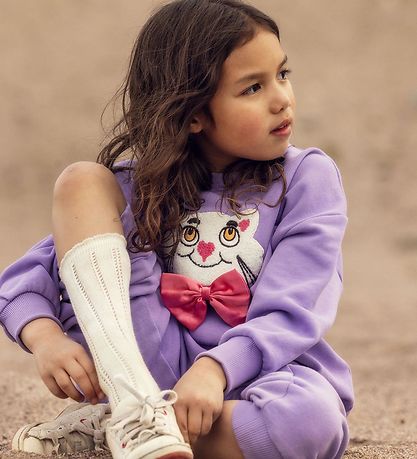 Mini Rodini Peysa - CAT Með slaufu úr chenilleefni - Fjólublátt