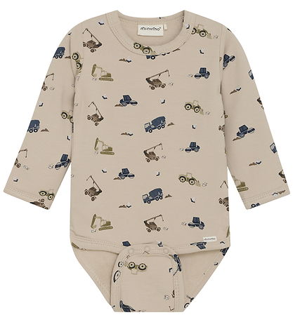 Minymo Bodysuit l/s - Sweat - Oxford Tan w. Construction Trucks
