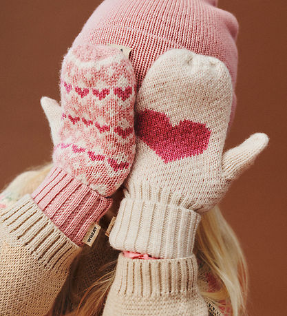 Wheat Mittens - Wool - Jacquard - Haansi - Rose w. Hearts
