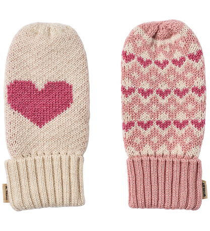 Wheat Mittens - Wool - Jacquard - Haansi - Rose w. Hearts