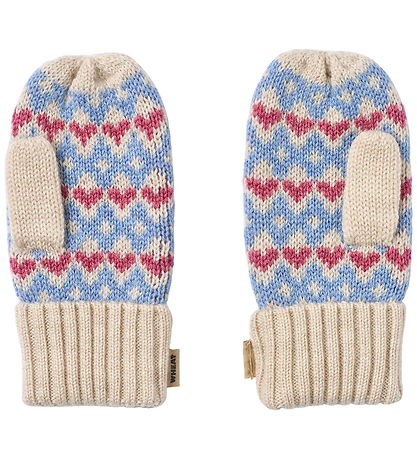 Wheat Mittens - Wool - Jacquard - Haansi - Blue w. Hearts