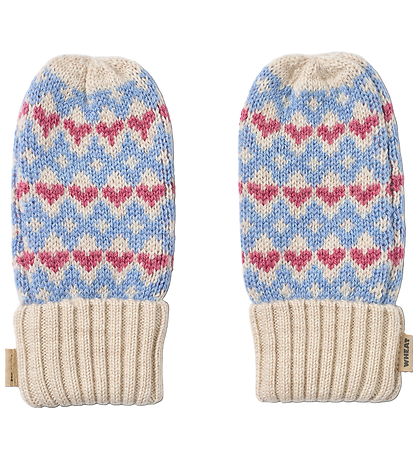 Wheat Mittens - Wool - Jacquard - Haansi - Blue w. Hearts