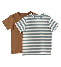 T-Shirt Minymo - 2 Pack - Blanc/Vert à Rayures/Caramel T-Shirt Minymo - 2 Pack - Blanc/Vert à Rayures/Caramel