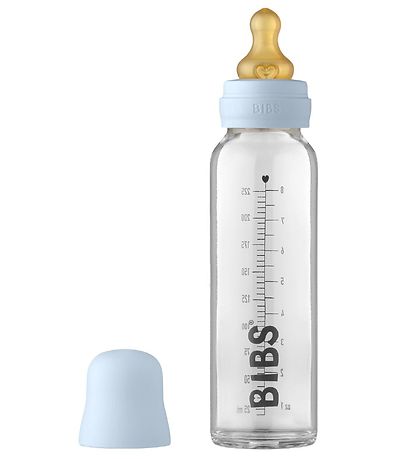 BIBS Feeding Bottle - Glass - 225 mL - Natural Rubber - Baby Blu