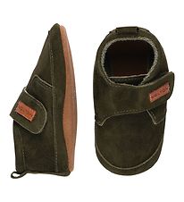 Melton Soft Sole Leather Shoes - Suede Slippers w. Velcro - Dark