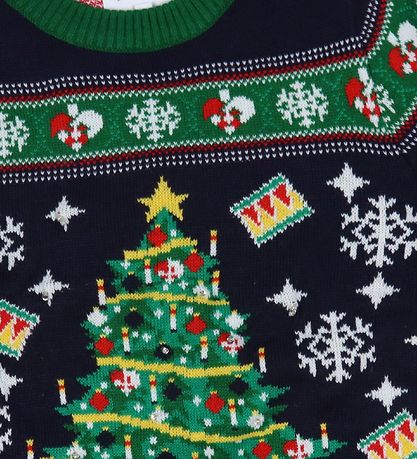 Jule-Sweaters Blússa - Jólatré - Prjónað - Dökkblátt/Grænt