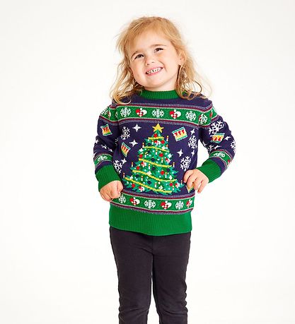 Jule-Sweaters Blússa - Jólatré - Prjónað - Dökkblátt/Grænt