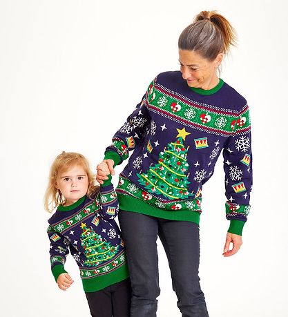 Jule-Sweaters Blússa - Jólatré - Prjónað - Dökkblátt/Grænt