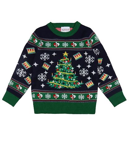 Jule-Sweaters Blússa - Jólatré - Prjónað - Dökkblátt/Grænt