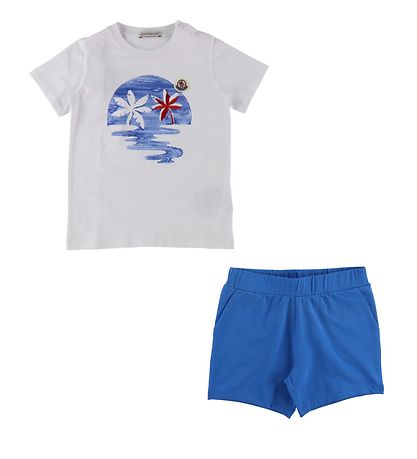Moncler T-Shirt/Shorts - Blau/Weiß m. Print