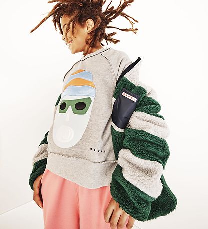 Marni Fleece Jacket w. Lining - Grey Melange/Green Striped w. Na