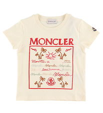Moncler T-shirt - Cream/Red w. Embroidery Moncler T-shirt - Cream/Red w. Embroidery