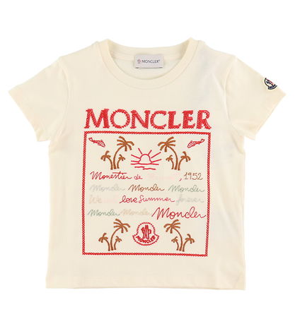 Moncler T-shirt - Cream/Red w. Embroidery Moncler T-shirt - Cream/Red w. Embroidery