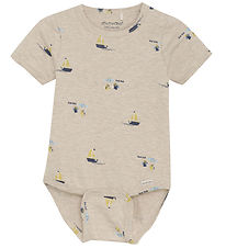 Minymo Bodysuit k/æ - Light Beige Melange w. Sailboats
