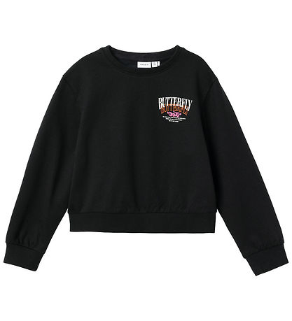 Name It Sweatshirt - Bijgesneden - NkfKastane - Zwart m. Vlinder Name It Sweatshirt - Bijgesneden - NkfKastane - Zwart m. Vlinder