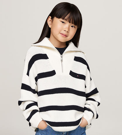 Tommy Hilfiger Blouse - Knitted - Half Zip - Blue Stripe