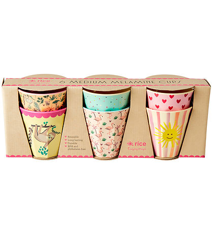Rice Kopper - Melamin - 6 stk. - 160 ml - Rosa/Funky utskrifter