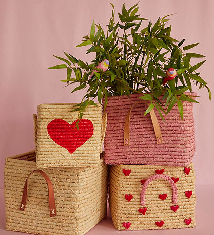 Rice Storage Basket - Raffia - 30x30x25 cm - Natural w. Hearts Rice Storage Basket - Raffia - 30x30x25 cm - Natural w. Hearts