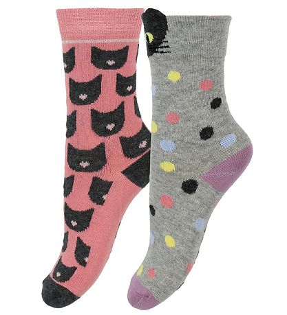 Melton Socks - 2-Pack - Grey Melange/Rose w. Cat Melton Socks - 2-Pack - Grey Melange/Rose w. Cat