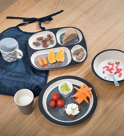 Smallstuff Bib w. Food Catcher - Large - Navy w. Elephants