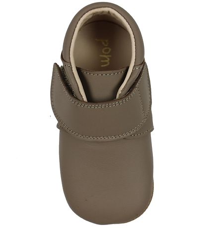 Pom Pom Soft Sole Leather Shoes - Velcro - Taupe