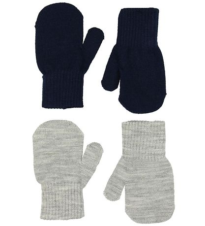 Melton Mittens - 2-Pack - Knitted - Grey Melange/Navy