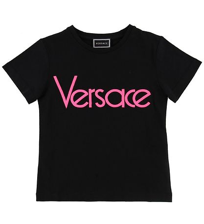 Versace Stuttermabolur - Svart/Neon bleikt M. Texti Versace Stuttermabolur - Svart/Neon bleikt M. Texti