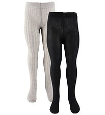 Minymo Tights - 2-Pack - Solid Rib - Black/Grey Melange
