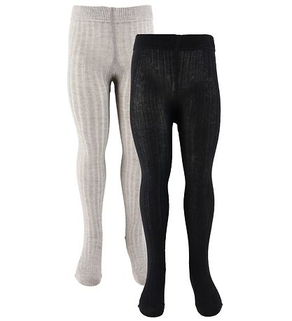 Minymo Tights - 2-Pack - Solid Rib - Black/Grey Melange