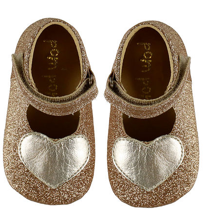 Pom Pom Fyrstu skórnir - Ballerínuskór Heart - Gold Glitter
