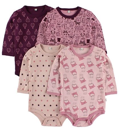 Pippi Baby Bodysuit - 4-Pack - L/S - Rose/Purple Pattern Pippi Baby Bodysuit - 4-Pack - L/S - Rose/Purple Pattern